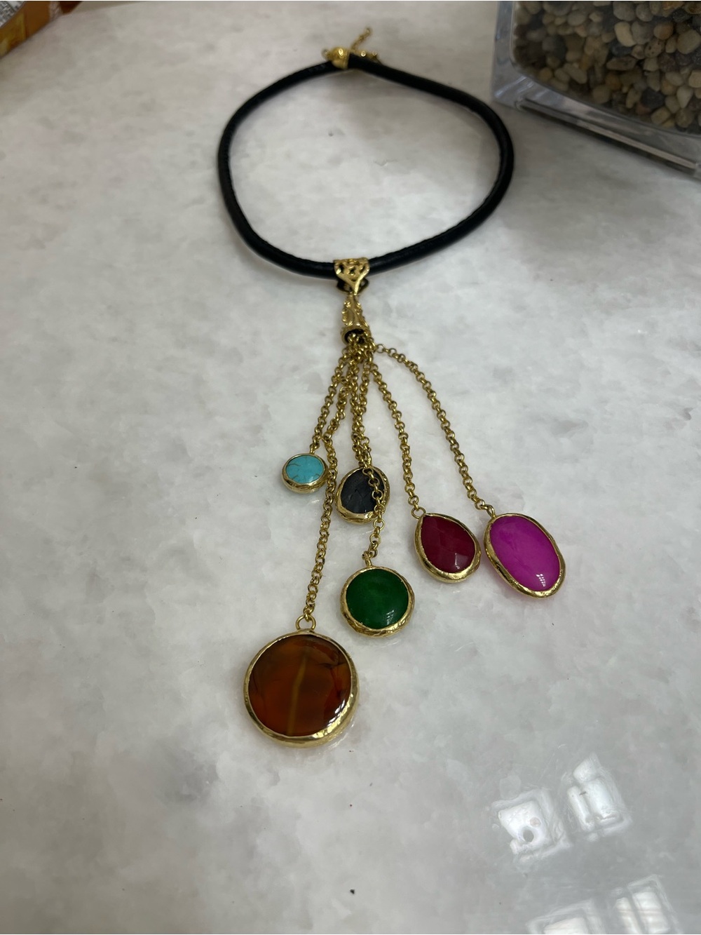 Multicolor Stone Tassel Pendant Necklace - Gold Accents